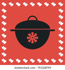Pan icon flat. Simple black pictogram on red background with white hearts for valentines day. Vector illustration symbol