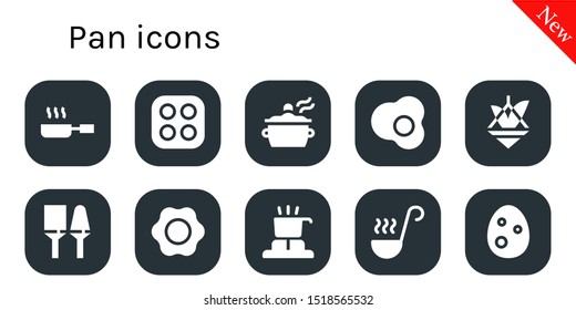 pan icon set. 10 filled pan icons.  Collection Of - Frying pan, Stove, Pot, Egg, Utensils, Fried egg, Cooker, Ladle icons