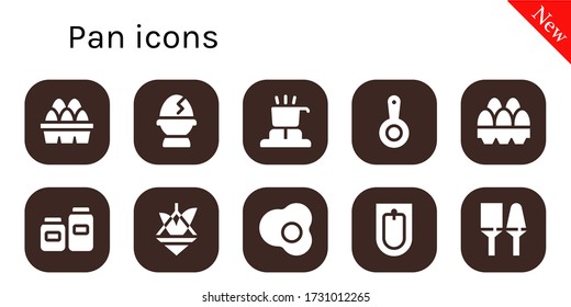 pan icon set. 10 filled pan icons.  Simple modern icons such as: Eggs, Egg, Cooker, Pan, Pots, Pot, Bidet, Utensils