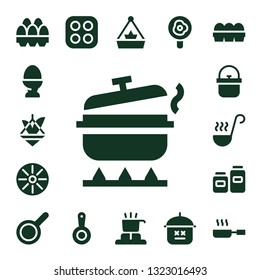 pan icon set. 17 filled pan icons.  Collection Of - Eggs, Egg, Pot, Pan, Ladle, Pots, Stove, Cooker, Fried egg, Frying