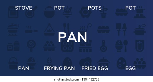 pan icon set. 32 filled pan icons. on blue background style Simple modern icons about  - Stove, Pot, Pots, Pan, Frying Fried egg, Egg, Eggs, Soup ladle, Ladle, Kitchen, Utensils