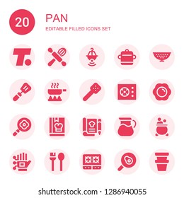 pan icon set. Collection of 20 filled pan icons included Turner, Cooking, Pot, Colander, Slotted spoon, Frying pan, Cooker, Fried egg, Cook, Recipe, Wired gloves, Utensils, Stove