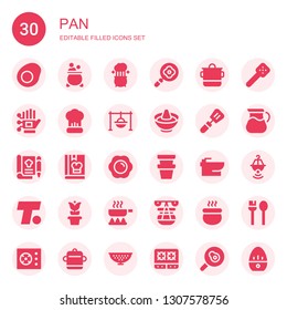 pan icon set. Collection of 30 filled pan icons included Fried egg, Pot, Frying pan, Wired gloves, Cooking, Hot pot, Slotted spoon, Recipe, Cook, Bidet, Turner, Utensils, Cooker