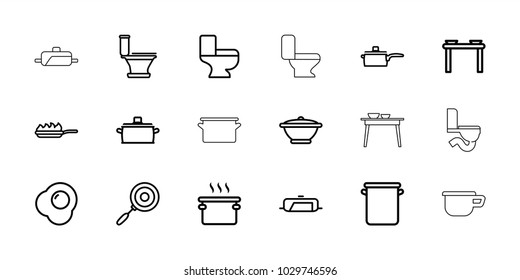 Pan icons. set of 18 editable outline pan icons: toilet, egg
