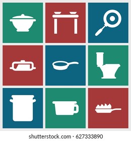 Pan icons set. set of 9 pan filled icons such as toilet
