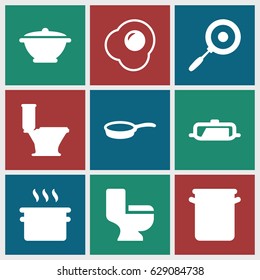 Pan icons set. set of 9 pan filled icons such as pan, toilet