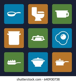 Pan icons set. set of 9 pan filled icons such as toilet, egg
