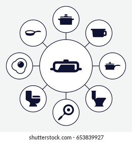 Pan icons set. set of 9 pan filled icons such as pan, toilet, egg