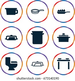 Pan icons set. set of 9 pan filled and outline icons such as toilet