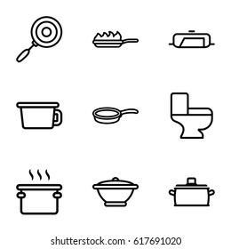 Pan icons set. set of 9 pan outline icons such as toilet