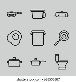 Pan icons set. set of 9 pan outline icons such as pan, toilet, egg