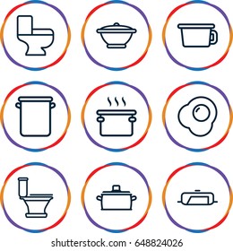 Pan icons set. set of 9 pan outline icons such as pan, toilet, egg