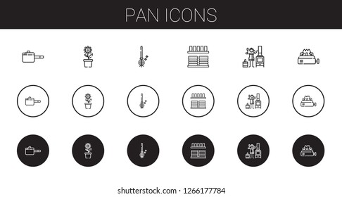 pan icons set. Collection of pan with pot, toilet brush, crockery, stove. Editable and scalable pan icons.