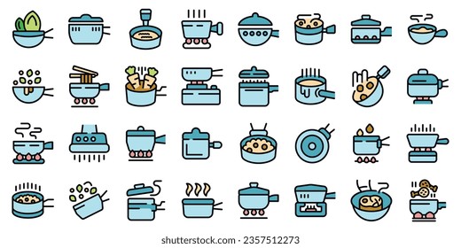 Pan icons set outline vector. Pot saucepan. Cooking home thin line color flat on white