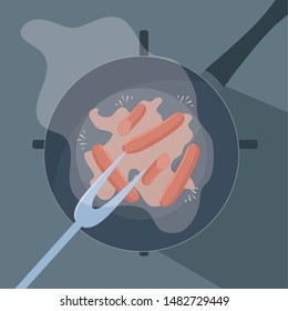 pan of kitchen with fork barbecue and sausages