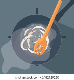 pan of kitchen with fork wooden