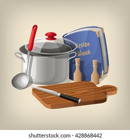 Pan, ladle, recipe book, cutting board and knife. Vector kitchen background.