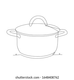 Pan with lid one line drawing on white isolated background. Vector illustration