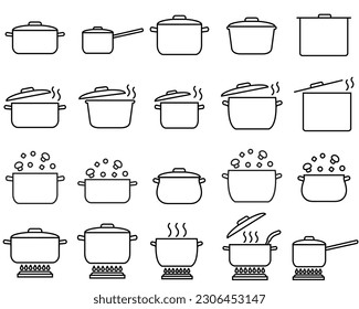 Pan line set icon, cooking food logo vector