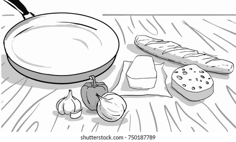 Pan, loaf, garlic, bell pepper and dairy products: butter and cheese are on the wooden table. Black and white vector sketch. Simple drawing.
