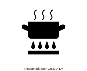 Pan on fire icon. Vector cooking with gas, gastronomy concept isolated on white background. Kitchen pot design with smoke