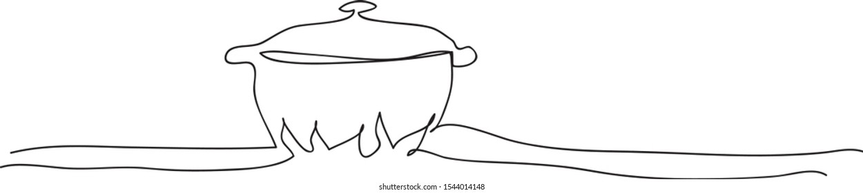 Pan on fire line  vector illustration. Design concept for cooking book or restaurant menu.
