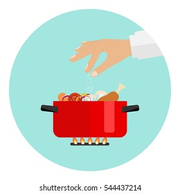 Pan on the fire, a pot of soup, cooking soup, salt, hand with salt. Flat design, vector illustration, vector.