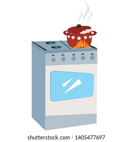 Pan on the stove, cooking. Kitchen. Vector illustration in flat style