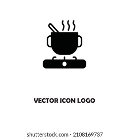 Pan with open cover on gas stove line icon, outline vector sign, linear style pictogram isolated on white. Boiling saucepan on kitchen stove symbol, logo illustration. Editable stroke