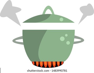 pan with open lid and steaming steam is on fire cooking concept on a white background