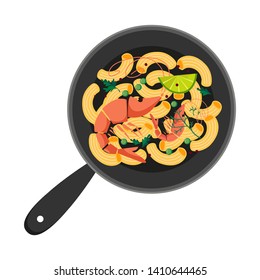 Pan with paella and seafood and pasta and pasta on a white background. Vector illustration in cartoon style.