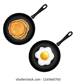 Pan With Pancake And Fried Eggs Isolated White Background With Gradient Mesh, Vector Illustration
