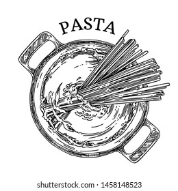 Pan with pasta. Cooking spaghetti. View top. Sketch. Engraving style. Vector illustration.