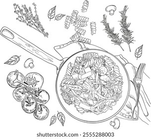 Pan with pasta and vegetables
. Italian pasta with additional elements. Hand drawn vector food illustration. Engraved style. Vintage pasta different kinds background.