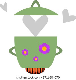 pan with patterns of flowers on fire gray steam heart-shaped concept of love for cooking object on a white background
