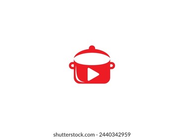 sartén con el logotipo del botón de reproducción, diseño del icono del símbolo del canal de cocción