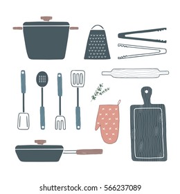 Pan, pot, oven mitt, spatula, ladle, turner, spoon, tongs, grater, rolling pin, wooden cutting board set. Hand drawn cooking utensils. Cookware, kitchenware, kitchen utensils. Vector illustration