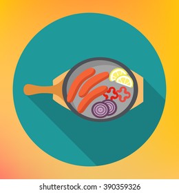 Pan with roasted sausages, onion, pepper and lemon flat vector icon. Fried sausages with vegetables flat sign. flat icon with long shadow.