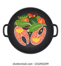 Pan with salmon steak, lemon, tomatoes and lettuce. Top view. Creative design for breakfast menu, cafe, restaurant. Vector illustration.