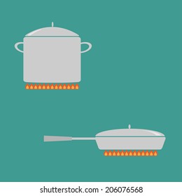 Pan and saucepan set on fire. Cooking icon. Flat design style. Vector illustration