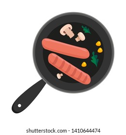 Pan with sausages on a white background. Vector illustration in cartoon style.