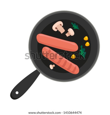Pan with sausages on a white background. Vector illustration in cartoon style.