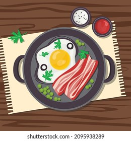 Pan with scrambled eggs and bacon. Vector illustration.