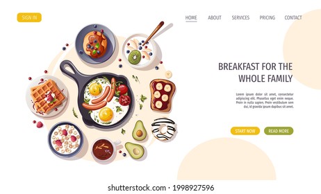 Pan with scrambled eggs, pancakes, yogurt, waffles, toast, donut, avocado. Healthy eating, nutrition, cooking, breakfast menu, fresh food concept. Vector illustration for banner, website, poster.