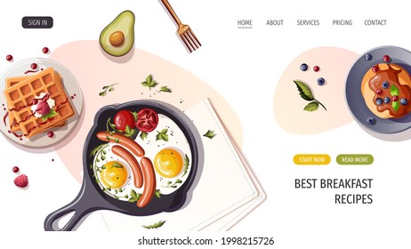 Pan with scrambled eggs and sausages, pancakes, waffles, avocado. Healthy eating, nutrition, diet, cooking, breakfast menu, fresh food concept. Vector illustration for banner, website, poster.