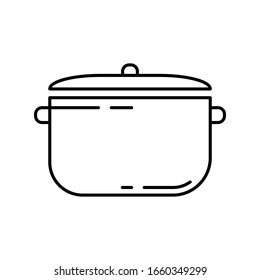 Pan with separate lid. Linear icon of saucepan and cover. Black simple illustration for cooking soup, roast, porridge. Contour isolated vector image on white background. Symbol of kitchen utensils