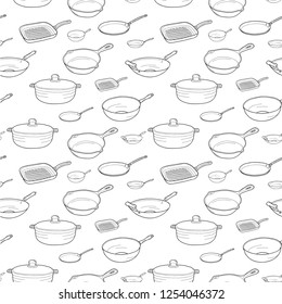 Pan set: Ware Wok, Grill Pan, Crepe Pan, Open Skillet, Saute Pan, Mini Skillet. Vector hand drawn isolated objects. Icons in sketch style. Hand drawn pattern.