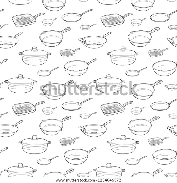 Pan set: Ware Wok, Grill Pan, Crepe\
Pan, Open Skillet, Saute Pan, Mini Skillet. Vector hand drawn\
isolated objects. Icons in sketch style. Hand drawn\
pattern.