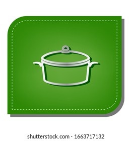 Pan sign. Silver gradient line icon with dark green shadow at ecological patched green leaf. Illustration.