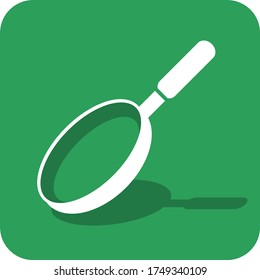 Pan sign. Skillet. Frying cooking dish. Nonstick. flat-bottomed. Flat 3D shadow design. Green background white vector. product brand service label banner board display. App icon.
